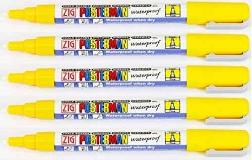 Zig Kuretake Posterman Yellow Fine (1mm) Nib Tip Liquid Chalk Marker Pens Waterproof Blackboard Whiteboard Outdoor Glass Metal Plastic Wood Paper (Pack Of 5)