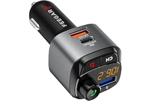 ‎FEEGAR F Feegar Q100 Pro Transmiter FM Bluetooth 5.0 zestaw głośnomówiący QC3.0 MP3 LED Ładowarka samochodowa USB 38W Mikrofon HD Przycisk B (Bass Boost Surround Effect) Typ C PD 3.0 / 4.0 Siri Assistant Pokazuje stan napięcie w aucie