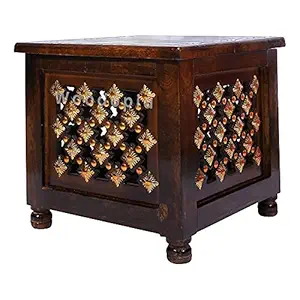 Woodopia Beautiful Antique Wooden Stool with Brass Cutting Design Storage for Living Room and Bedroom Furniture (Brown, 12 X12 12 Inch)