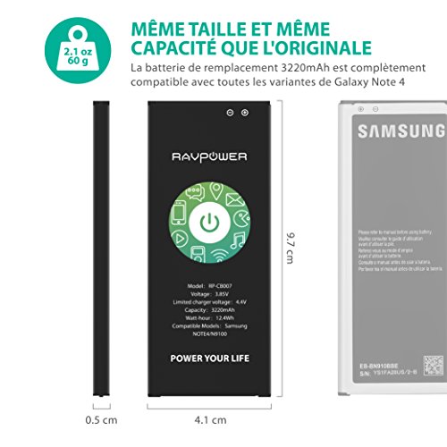 RAVPower Batterie de Samsung Galaxy Note 4 Batterie de Remplacement 3220 mAh avec NFC  48 Heures de Veille  Jusqu    500 Cycles de Charge  Protections