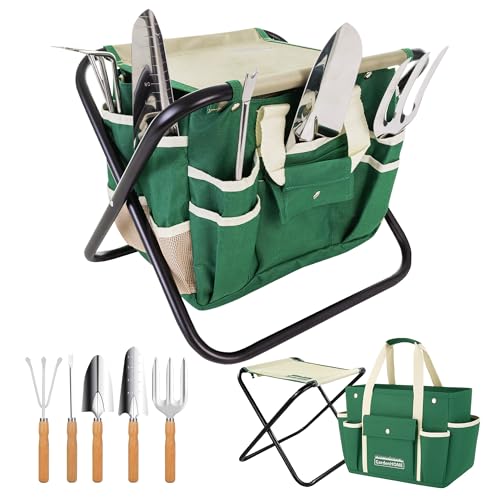 GardenHOME Set di Attrezzi da Giardino 7 Pezzi Kit Giardinaggio, Utensili da Giardino in Acciaio Inossidabile con Sgabello Pieghevole e Borsa