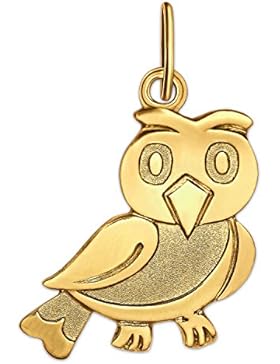 CLEVER SCHMUCK Goldener Anhänger kleine Eule flach 13 x 11 mm matt und glänzend 333 GOLD 8 KARAT für Kinder oder...