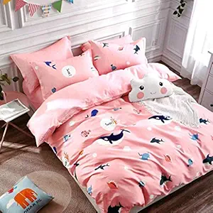 YKC Kids Glace Cotton Dolphin and Fish Cartoon Print Double Bedsheet with 2 Pillow Covers (Sheet Size 90x100 inch, Multicolor)