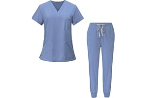 Meichoon Medical Overalls Suit V-neck Short-sleeved Top with 3 Pockets Slim Pants Quick-drying Unisex DK05