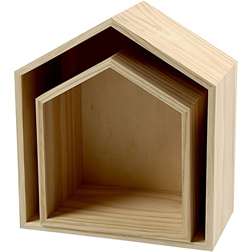 2-teiliges Set Holzbox, Regalbox Hausform, Wandregal Wanddekoration, Holz unbeh.