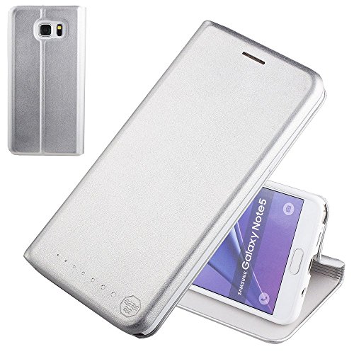 Nouske Custodia a portafoglio per Samsung Galaxy Not 5/Guscio antiurto in TPU/Porta carta di credito/Funzione di supporto/Design semplice e supersottile/Chiusura maghetica,Argento