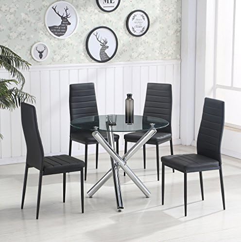 Schindora® Stunning Clear Glass Round Dining Table Set With 4 Faux Leather Chairs