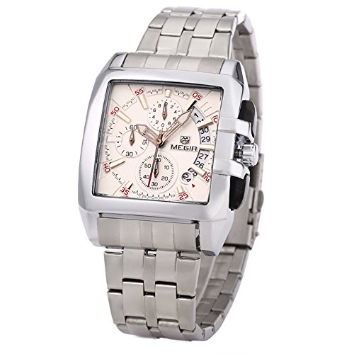 Leopard Shop megir M2018Herren quadratisches Zifferblatt Quarzuhr Kalender-Anzeige Chronograph Wasser Widerstand Edelstahl Trageriemen wei Leopard Shop megir M2018Herren quadratisches Zifferblatt Quarzuhr Kalender-Anzeige Chronograph Wasser Widerstand Edelstahl Trageriemen wei