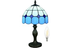 Bidesen Lampa stołowa w stylu Tiffany, 20 cm, w stylu vintage, ręcznie wykonana lampa stołowa z witrażowym kloszem, lampka nocna do sypialni, gabinetu, biurowa lampa stołowa (kolor: niebieski-2)