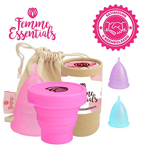 Femme Essentials Copa Menstrual + Caja de Almacenamiento Esterilizadora + Bolsa de Algodón | 100% de Silicona Hipoalergénica | Ecológica, Segura, Cómoda y Higiénica | Tamaño: Pequeño |Color: Rosa