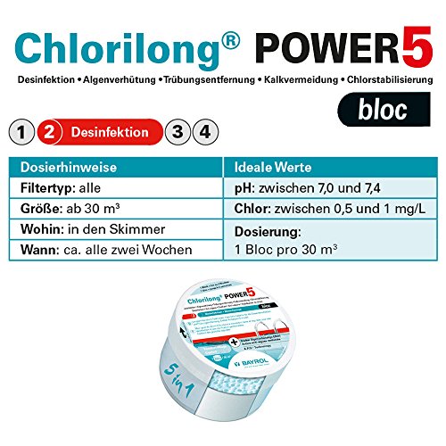 BAYROL Chlorilong POWER 5 Bloc – 650g Maxi-Chlortablette 5 in 1, enthält Antialgen-Granulat und Flockmittel – 0,65 kg - 2