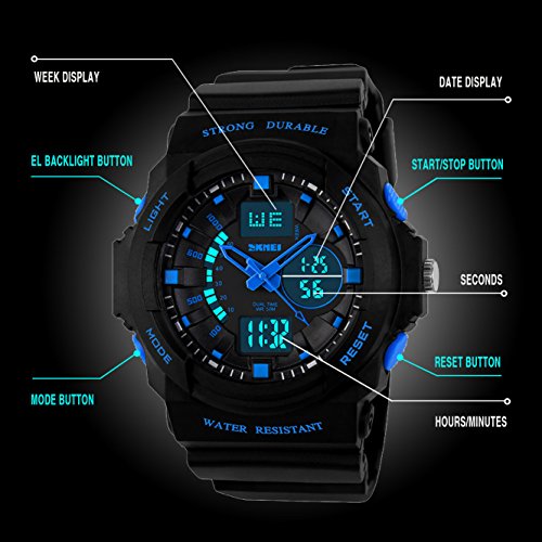 Kinderuhr-Jungen-Mdchen-Sport-Armbanduhr-Digital-Analog-50M-Wasserdicht-Wecker-Dual-Display-Zeitzone-Datum-Uhr-Chronograph-Multifunktion-Outdoor-Stoppuhr-mit-Schwarz-Gummiband