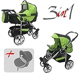  Jackmar  Gestell in Weiß  Hartgummireifen in Chrom & Schwarz  3 in 1 Kinderwagen Megaset (12 Teile)  Farbe: Schwarz & Grün