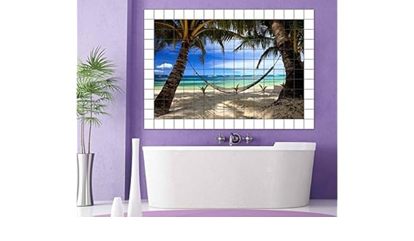 Fliesenaufkleber Fliesenbild Fliesen Bullauge Wasser Strand Meer Palmen Bad Tabbouli Eu