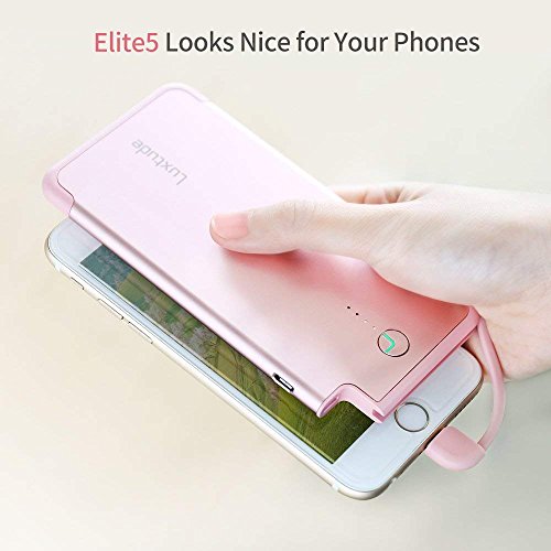 Luxtude Ultra Mince l  g  re Batterie Externe de Secours 5000mAh Lightning C  ble Int  gr   Charge Rapide en Alliage d Aluminium Power Bank iphone 5 6 7 8 6S Plus X iOS  Or Rose 