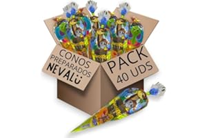 Nevalu Conos Rellenos de Golosinas. 40 Cucuruchos Rellenos de Chuches y Pasatiempo. Sin Gluten.