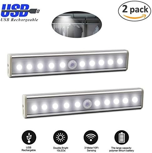 XinXu Motion Sensor Light 10 LED PIR Motion Sensor USB Rechargeable Night Light Stick-on Anywhere, Portable, Wireless, For Closet/Cabinet/Attics/Hallway/Washroom /Stairs/Closet/ Drawer/Sheds/Storage Room 2 Pack
