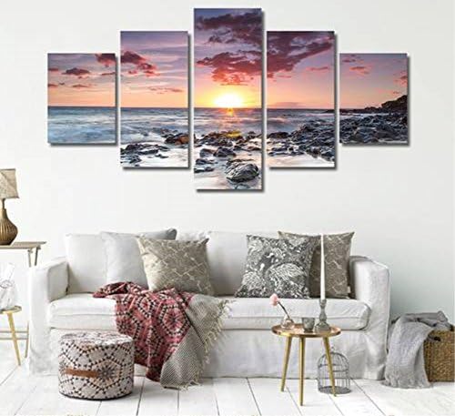 OBELLA Unframed Wall Art Canvas Pictures Prints || 5 Pieces, Sea Beach Sunset Rocky Landscape || Posters Oil Paintings Printed Photo for Home Decoration (Large)