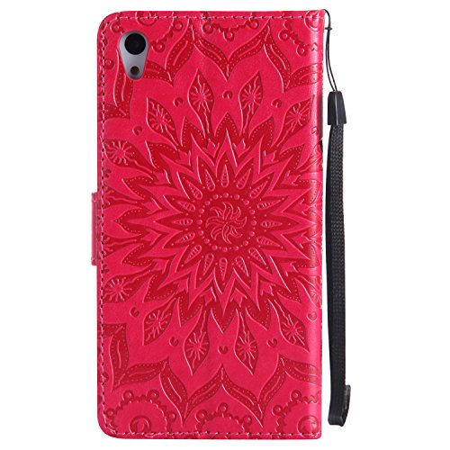Sony Xperia Z4 Hülle,Sony Xperia Z4 Leder Sonnenblumen Hülle,Sony Xperia Z4 Lanyard Wallet Schutzhülle,BONROY® Retro geprägte Sonnenblumen Muster PU Leder Flip Hülle Wallet Case Tasche Cover Handytasche Schutzhülle Lederhülle Handyhülle in Book Style Stand Case mit Kredit Kartenschlitz für Sony Xperia Z4-rot - 2