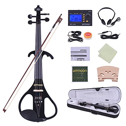 ammoon Full Size 4/4 Solid Wood Electric Silent Violin Fiddle Style-4 Ebony Fingerboard Pegs Chin Rest Tailpiece with Bow Hard Case Tuner Headphones Rosin Extra Strings & Bridge