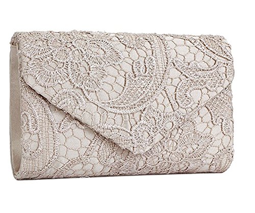 SYMALL Bolso de mano con encaje satén cartera de mano estilo elegante dulce bolso de fiesta para mujer, Beige