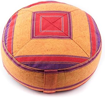 Spiru Meditation Zafu Cushion Round - Organic Buckwheat Adjustable Filling - Washable Cotton Cover Multi-coloured Pattern Red Orange