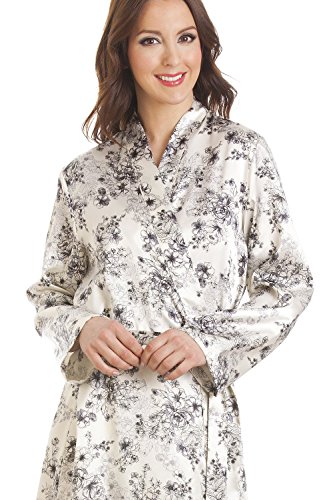 Langer Morgenmantel aus Satin – Cremeweiß mit Blumenmuster - 3