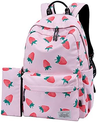 Uniui Canvas Backpack for Teenage Girls and Boys - Cute Cartoon Travel Bag 14" Laptop Rucksack Children Schoolbag Women Shoulder Bag (Pink-Strawberry)