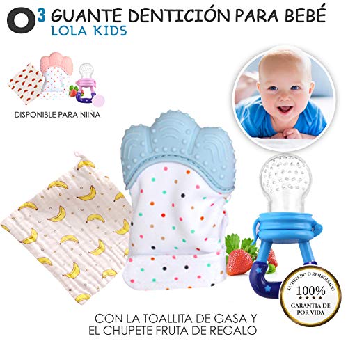 O³ Guante Dentición Bebé Lola Kids + 1 Gasas Bebe Algodon Muselina + 1 Chupete Fruta  2 Versiones | Guante Mordedor Bebé  Ayuda La Dentición  Protege Las Manos  Mordedor Bebes Frio  Niño