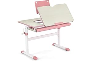 COSTWAY Biurko dziecięce 51-73 cm, z regulacją wysokości, biurko dla uczniów z uchylnym blatem, stojakiem na książki, szufladą i linijką pomiarową, ergonomiczne biurko młodzieżowe dla dzieci w wieku 3