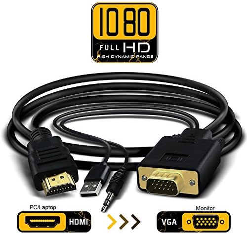 1080P Full HD HDMI to VGA Converter Adapter Cable with 3.5mm Stereo Audio Output One-way Signal Conversion from HDMI (PC, Laptop, Apple TV, Xbox, PS4) to VGA (Monitor, Projector, TV), 1.8m/6ft
