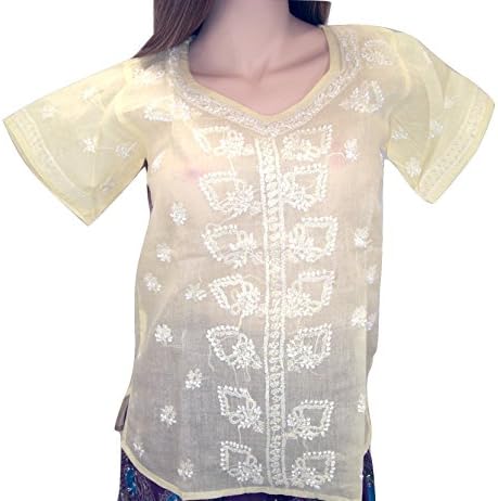 Goethnic Handmade Cotton Top Tunic Kurti Dress with Sensational Chikankari Embroidery Yellow Half Sleeve