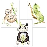 Wandbilder 3er Set für Baby & Kinderzimmer Deko Poster Faultier Panda Chamäleon | Kunstdruck DIN A4 ohne Rahmen und Dekoration (Tropical'Faultier Panda Chamäleon')