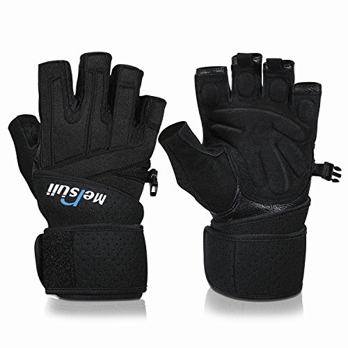Merisny Guantes Gimnasio Cuero con Muñequera Antideslizante, Gimnasio Fitness Body Building Workout Entrenamiento Crossfit Lifting Entrenamiento Halterofilia (L)