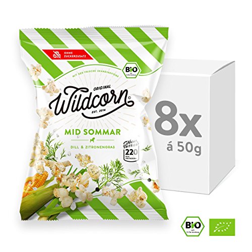 Wildcorn - salziges Popcorn - Dill Zitronengras (8x50g) | gesunder Snack | leckere Alternative zu Chips | Superfood für Büro, Unterwegs, Kino | vegan | 100% Bio | ohne Zuckerzusatz | glutenfrei | Healthy Food | Mid Sommar
