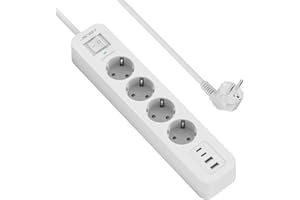 JSVER Regleta Enchufe,4 Puertos de USB(3 USB A+1 USB C) y 4 Tomas Regleta Proteccion Sobretension Enchufe Alargador Multiple Carga para iPad iPhone Tablets Cable 2m-Blanco