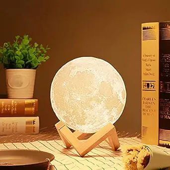 REFULGIX 3D 7 Color Changing 15 cm Moon Night Rechargeable Lamp with Stand for Bedroom Lights for Adults and Kids Gifts Beautiful Indoor Lighting