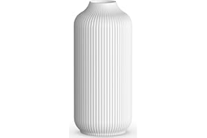 VZMIZA Ribbed White Ceramic Vase - Decorative Flower Vase for Pampas Grass - White vases For Home Living Room & Boho Home Decor - Table Dining (white)