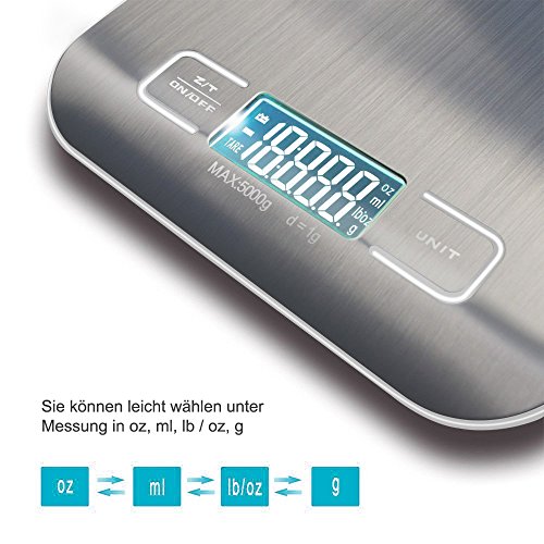 E2BUY® 5000g Digitale Küchenwaage, Lebensmittelwaage, Elektronische Kochen Lebensmittelwaage mit hoher Genauigkeit, LCD-Display, Edelstahl und schlankes Design, Inkl. Batterie (Silber) - 4