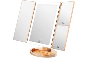 WEILY Espejo para maquillarse, 1x / 2X / 3X Magnificación Trifold con 36 Luces LED Pantalla táctil y Carga USB, Soporte Ajustable de 180 Grados para encimera Espejo cosmético de Maquillaje (Oro)