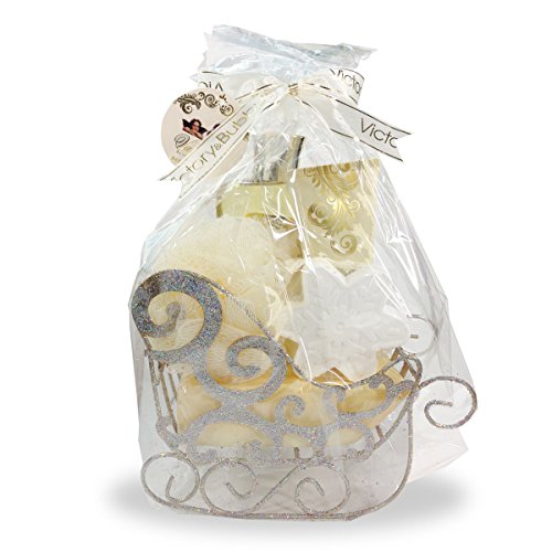 Preisvergleich Produktbild Geschenkset Body & Bath Vanilla in goldenem Schlitten - Duschgel, Badefizzer, Peelingschwamm, Body Lotion, 4-teilig