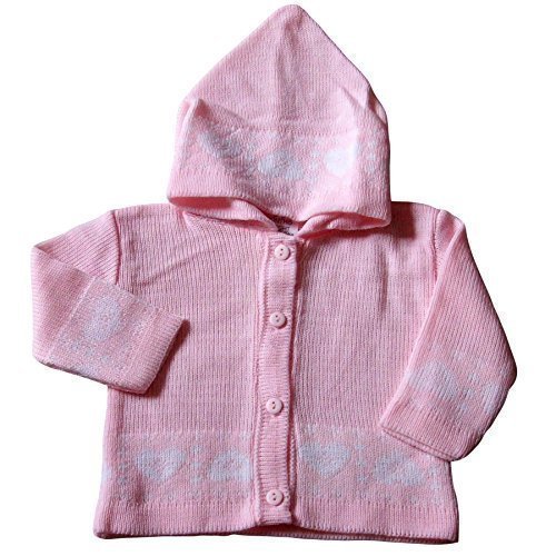 3-6 months - Baby Girls Cardigan - Beautiful Pink and White LOVE HEARTS Pattern Knitted Hooded Cardigan