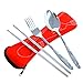 Produktbild Gosear 3pcs/Set Portable Edelstahl Geschirr Geschirr Set Löffel Gabel Stäbchen mit Pull-Kette Tasche rot