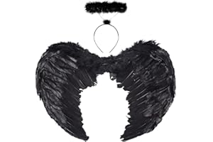 Sheinly Fallen Angel Wings and Halo Halloween Dark Angel Wings Costume Adults Kids Black Angle Costume Black Angle Wings Outfit for Halloween Christmas Party