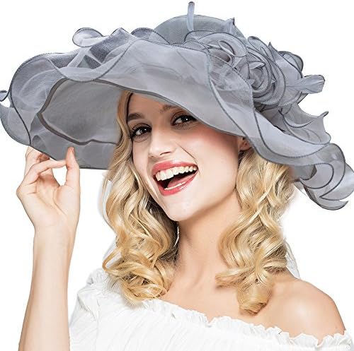 Women's Sun hat Wide Brim Oganza Ladies hats Summer Sun cap Beach Folding Sun Summer hat Church Hat Kentucky Derby Cocktail Wedding 。Multicolor. (Organza gray)