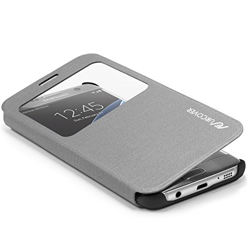 Urcover   Samsung Galaxy S7 Edge   View Case Funda Protectora   Cross Pattern en Gris   Carcasa Protecci  n Completa Case Cover Smartphone M  vil Accesorio