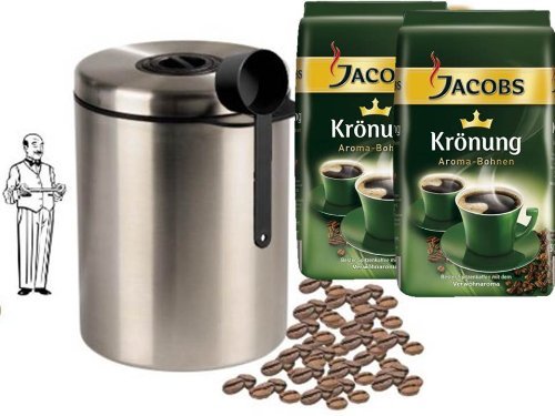 Jacobs Krönung Bohne 500g 2er Pack (2 x 500 g Beutel) + Edelstahldose für 1 kg Kaffeebohnen Neu mit Silicabag von Conny Clever® zur Erhaltung der Aromastoffe von James Premium® +
