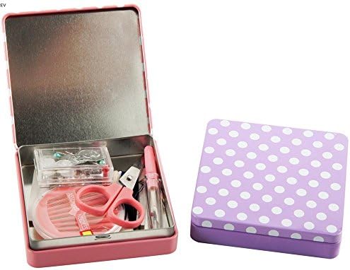 Sewing Kit in Sturdy Polka Dot Tin. Contains Scissors, Thread, Pins, Needles, Seam Ripper, Loose Haberdashery - Purple
