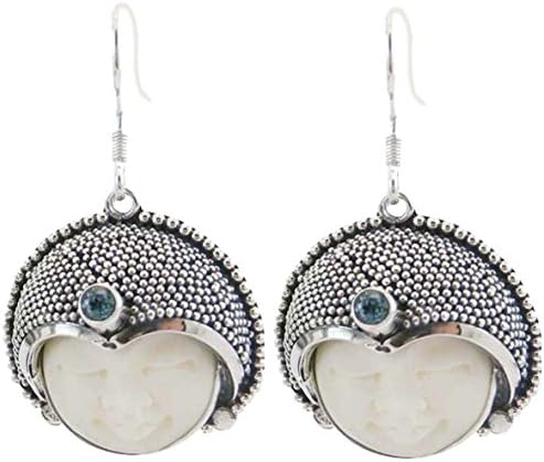 kaskote- Earrings in Silver 9.25 and Bone Hand Carved. Recorded in Filigree. Blue Topaz Stone.