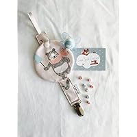 Attache tétine avec range tétine coulissant, motif ours rose